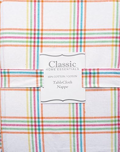Classic Home Essentials Cotton Fabric Tablecloth Colorful Purple Turquoise Blue Green Orange Yellow Lines on White Plaid Pattern 52 Inches by 70 Inches