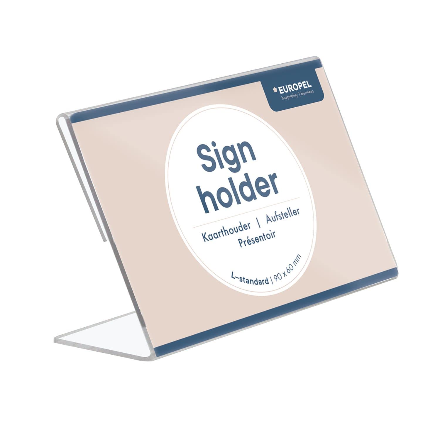 EUROPEL-Sign Holder, L-Standard, 90x60mm, Crystal Clear Acrylic, Slanted, 350125
