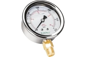 ELECALL 300psi Silicone Oil Filled Pressure Gauge for Water Oil Air Pressure Test in Pool Pump Sand Filter Air Compressor Water System, 2-1/2" Stainless Steel Case, Lower Mount 1/4"NPT