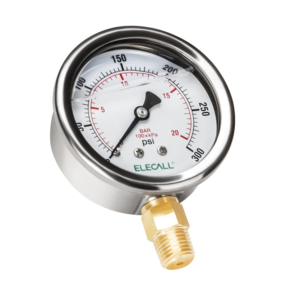 ELECALL 300psi Silicone Oil Filled Pressure Gauge for Water Oil Air Pressure Test in Pool Pump Sand Filter Air Compressor Water System, 2-1/2" Stainless Steel Case, Lower Mount 1/4" NPT