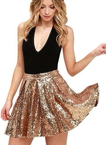 Nightycatty Women's Sequins Skirt Versatile Flare Causual Mini Skater Skirt Gold L