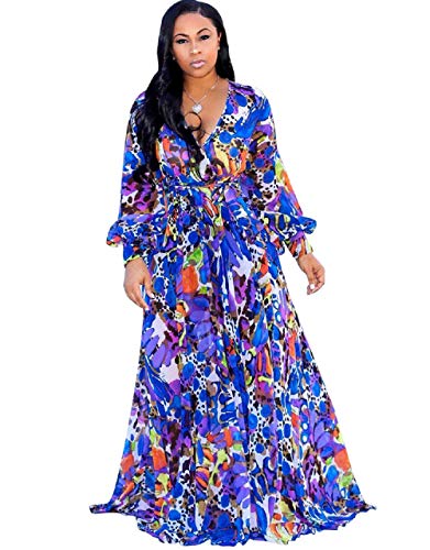 Dora's Womens Chiffon V-Neck Printed Floral Maxi Dress Long Sleeves Dresses High Waisted Belt Plus Size (Navy XL)
