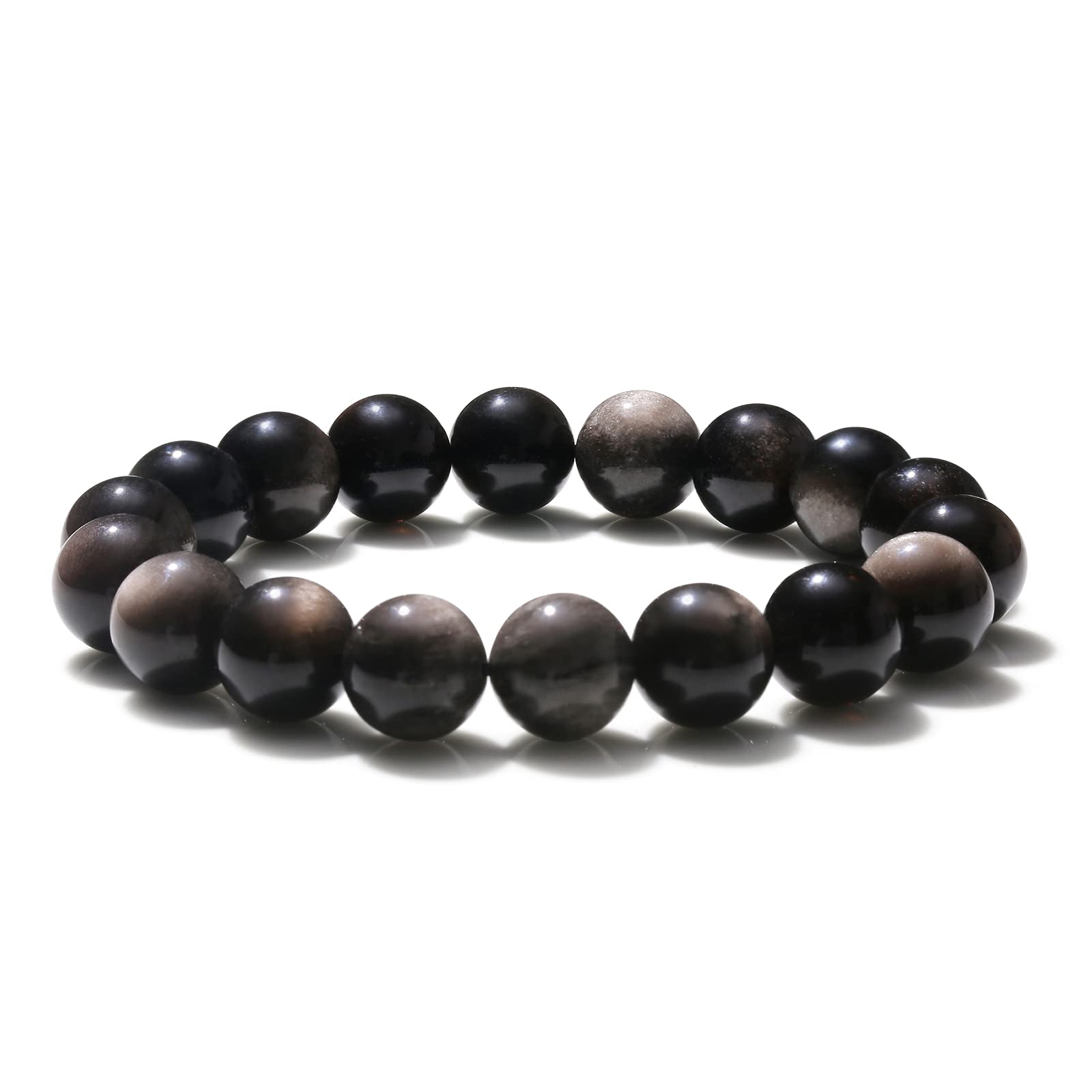 Thajaling 10mm Beads Silver Obsidian Bracelet Tibetan Mala Bead Healing Crystal Gemstones for Men Gift