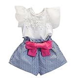 FEITONG Girls Lace T-shirt+Stripe Shorts Set