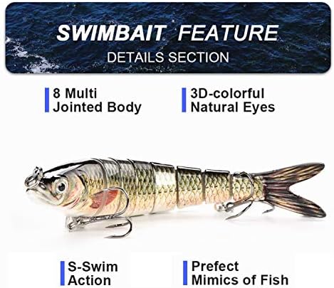 IEGoodsTrade Fishing Lures 5.5"/0.95oz 1pcs 8-Segment Multi Jointed Artificial Bait Bass Sinking Hard Lure Lifelike Trout Swimbait 4# Treble Hooks