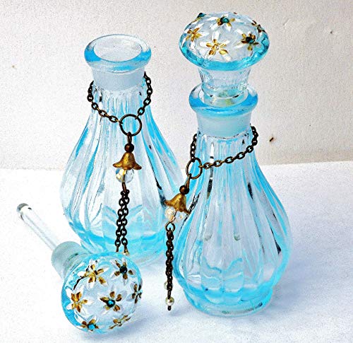 Cornflower Blue Glass Mini Perfume Bottle with Swarovski Crystal Rhinestones and Dangling Pearls