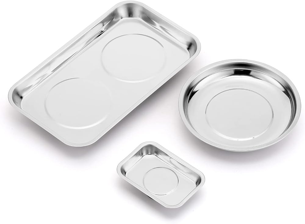 CASOMAN 3-Piece Stainless Steel Magnetic Trays Round Square Parts Organizer