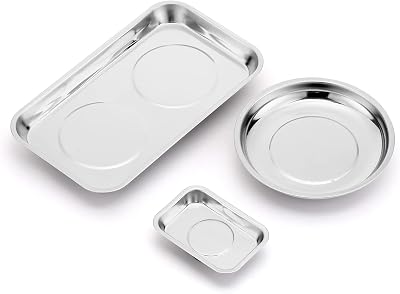 CASOMAN 3-Piece Stainless Steel Magnetic Trays Round Square Parts Organizer