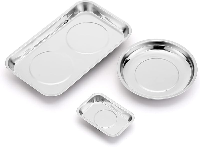 CASOMAN 3-Piece Stainless Steel Magnetic Trays Round Square Parts Organizer