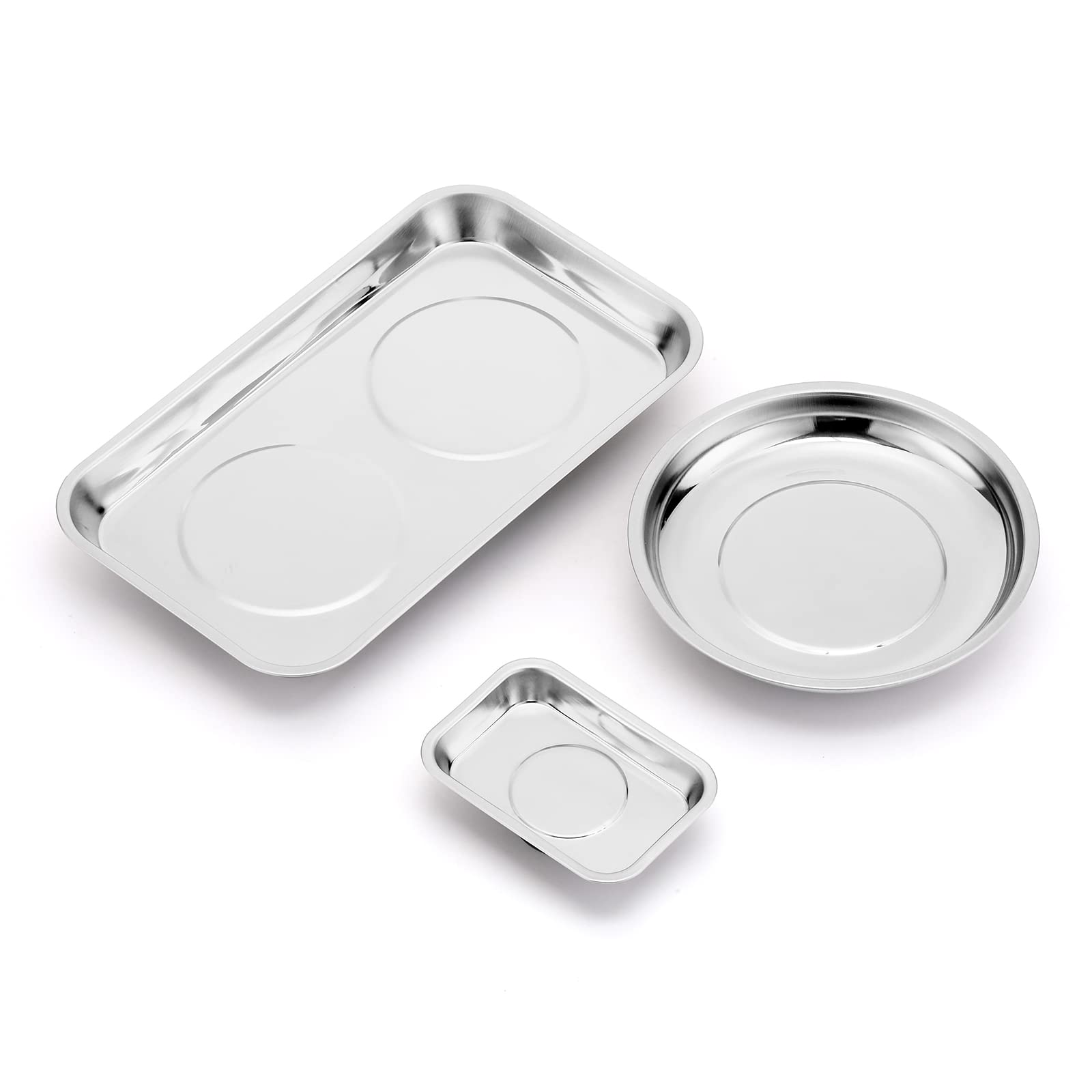 CASOMAN 3-Piece Round and Square Magnetic Trays Set, Stainless Steel, 5.9" Round, 9.4"Wx5.4"L & 3.8"W x 2.6"L Square, for Socket Screw, Nuts, Bolts, Metal Parts