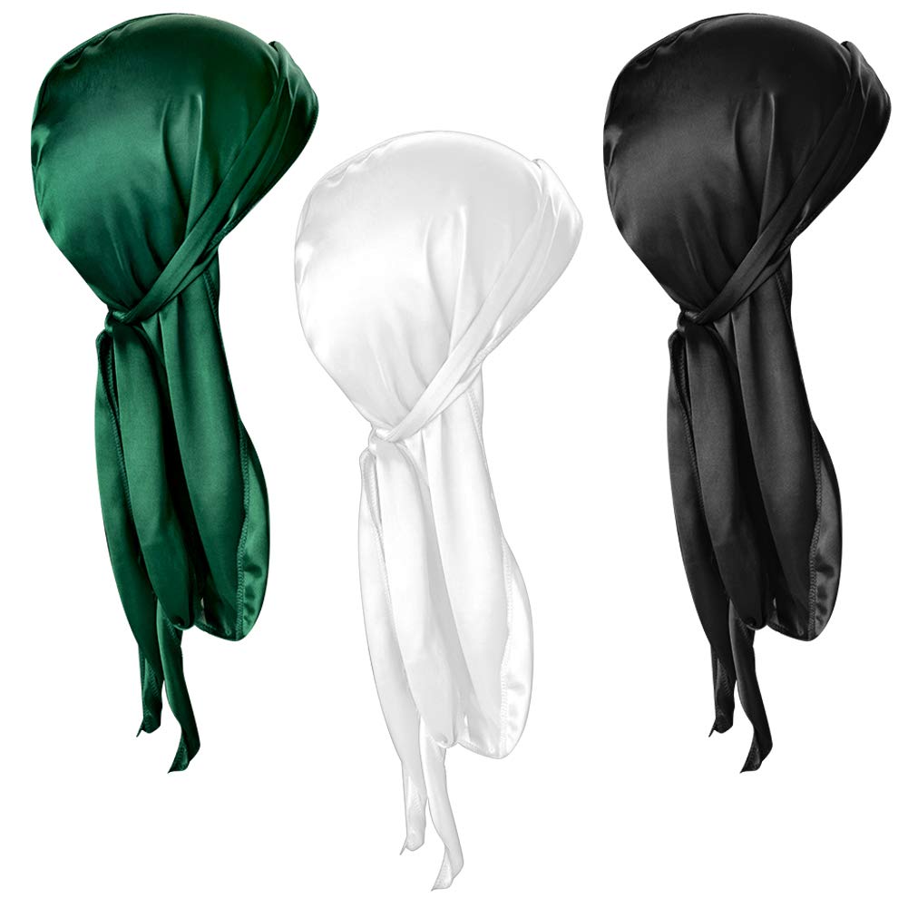 QUACOWW 3 PCS Activating Silky Durag 360 Waves, Long Tail and Wide Straps Durag for Hip-hop and Daily Decoration (Black, White, Dark Green)