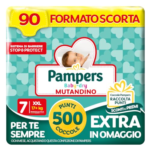 Pampers Baby Dry Mutandino XXL, Taglia 7 (17+ kg), Formato Scorta, Barriera Stop&Protect, Anti-Fuoriuscite, Fascia Elastica, Asciutto 12h, Cambio Facile, 90 Pannolini Bambino + 500 Punti Omaggio