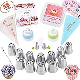 Russian Piping Tips Set 48 Pcs Cake Cupcake Decorating Supplies Kit Flower Frosting Tips 12 Icing Nozzles-2 Leaf Tips-3 Couplers-28 Pastry Baking Bags-User Guide
