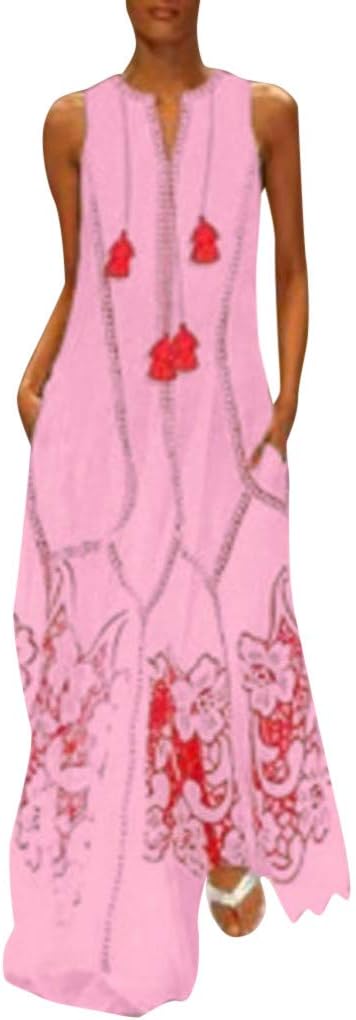 Women Vintage Loose Dress Daily Casual Baggy Caftan Cotton Ethnic Embroidery Floral Tassel Summer Long Maxi Dresses