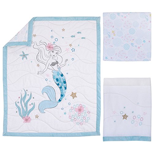 Disney Ariel Sea Princess 3 Piece Crib Bedding Set, Blue/White/Gold