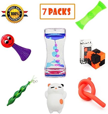 LINKCITY CREATIVE Special Fun 7 Pack Bundle Sensory Toys Set-Liquid Motion Timer/Infinity Cube/Squeeze-A-Bean and Squeeze Toys Value Assortment-Stress Relax Toys for ADD/ADHD Child Adul
