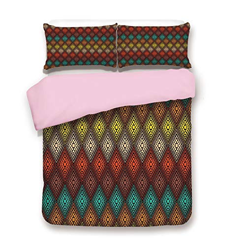 Pink Duvet Cover Set,King Size,Tribal Primitive Abstract Fol