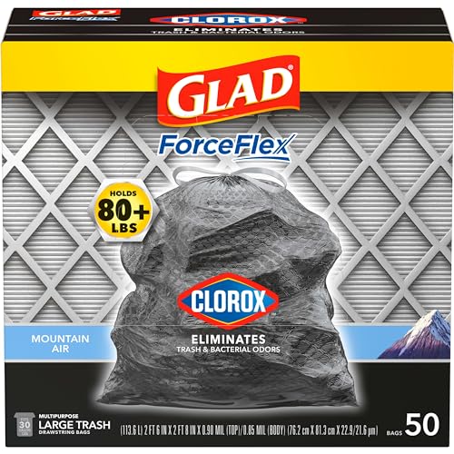 GLAD LARGE 30 GALLON TRASH BAGS, CLOROX MOUNTAIN AIR HEAVY DUTY GARBAGE BAGS, FORCEFLEX WITH DRAWSTRING, 50 COUNT (PACKAGING MAY VARY)