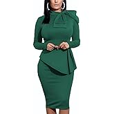 Women's Peplum Bodycon Long Sleeve Wear to Work Dresses Bow Party Club Ruffle Formal Cocktail Pencil Dress