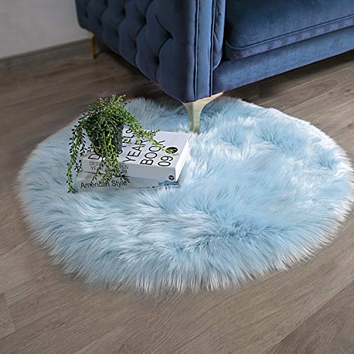 Ashler Faux Fur Light Blue Round Area Rug Indoor Ultra Soft Fluffy Bedroom Floor Sofa Living Room 3 x 3 Feet