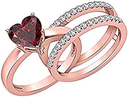 ArtLine Jewels 14K Rose Gold Plated Simulated Diamond &amp; Heart Cut Red Garnet Studded His And Her Trio Ring Set Jewelry