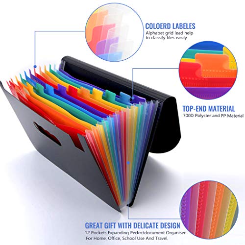 Ordner A4/Dokumentenmappe A4, Ordner mit 12 Taschen, A4-Dateien, Akkordeon-Dokumentrechnung, Papierkram, Aufbewahrungsmappen für den Schreibtisch mit farbiger Registerkarte