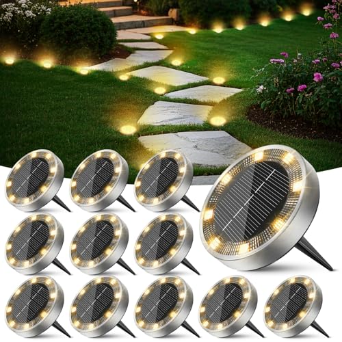 Peasur Pack of 12 Solar Ground Light, 8 LED, Waterproof Outdoor Solar Spotlight for Paths, Paths, Lawns, Patios, Yards, Swimming Pools, Warm White