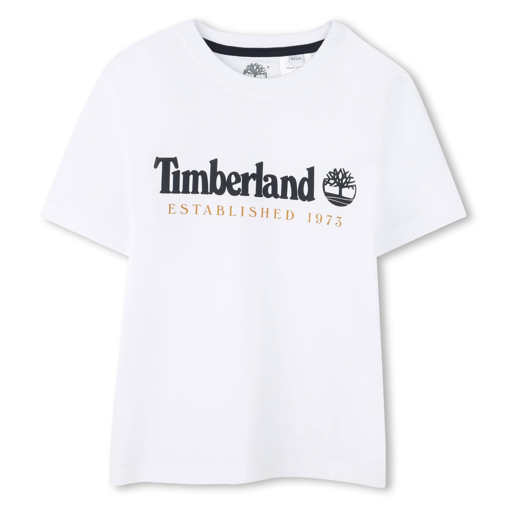 Photo 1 of Timberland Kids Short Sleeve T-Shirt Graphic Chest Logo, Comfort Soft Cotton Toddler Summer Tees, Casual Crew, White - Graphic Logo, 12 Years XS