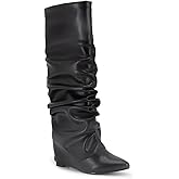 GOGD Women’s Slouchy Fold Over Boots Knee High Long Shark Pointed Toe Side Zipper Dress Tall Bootie For Women Ladie Girl