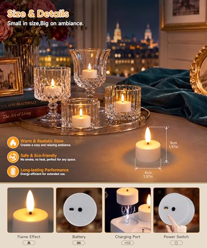 Dehobo Rechargeable LED Tea Light Candles Birthday Decoration 6 Pieces – Decorative Flame-Effect Candles with Charging Base More than 50 ~ 110 Hours – Flameless Candles for Party Home Living Room