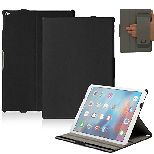 KHOMO iPad Pro 12.9 Case 1st Generation - Black PU Leather Executive Cover with Hand Strap Holder and Smart