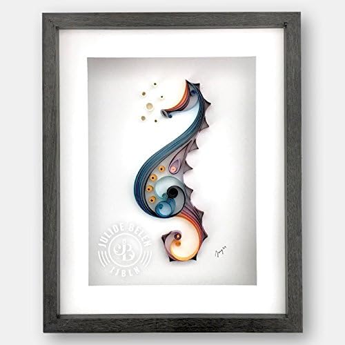 JJBLN Framed Quilled Paper Art: Seahorse Quilling Wall Decor Artwork by Julide Belen