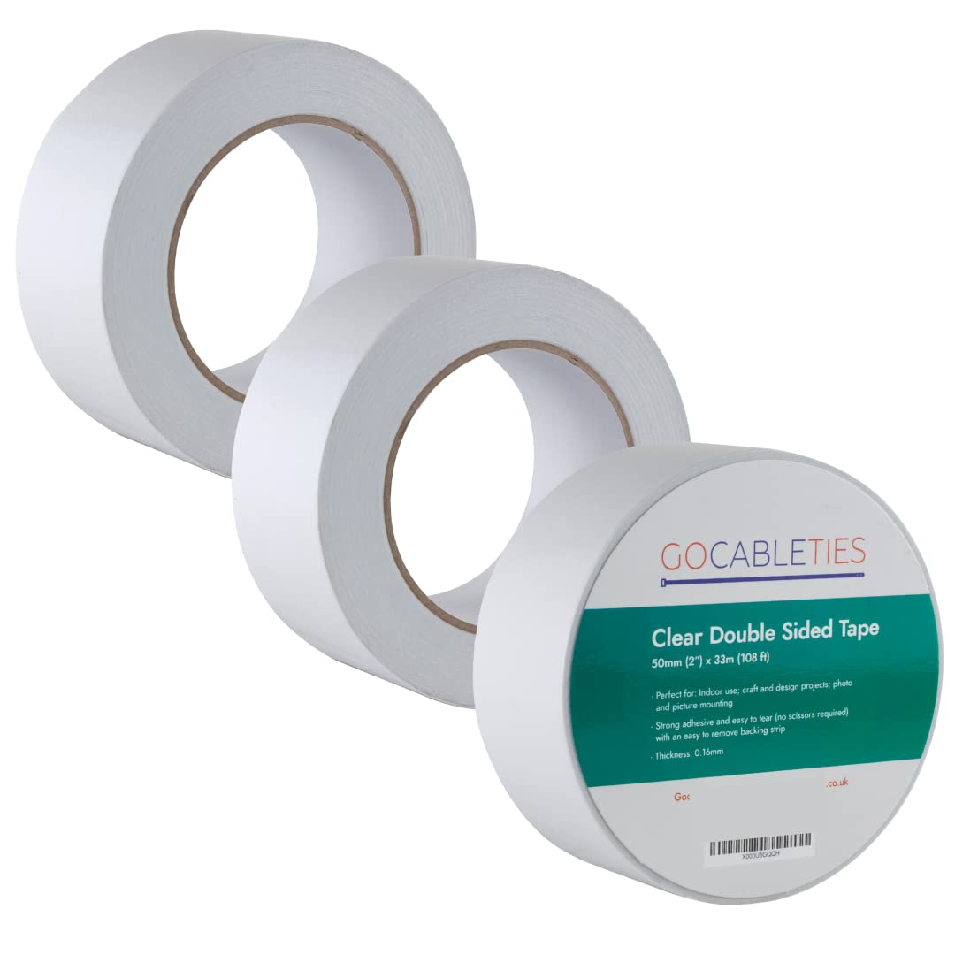 Gocableties Clear Double Sided Tape, 50mm (2”) x 33m, Strong Wide Double Sided Sticky Tape for Craft, Scrapbooking and Mounting Photos, 3 Rolls