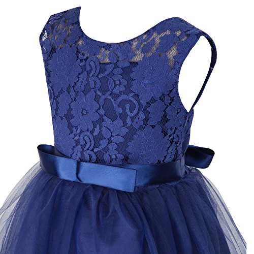 Acecharming Girls Lace Bridesmaid Wedding Dress with Bowknot Princess Prom Party Tulle Gown for 11-12 Year (Navy Blue)
