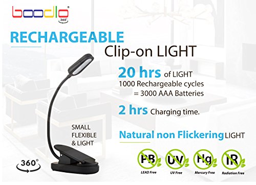 BOODLO 360° RECHARGEABLE BOOK LIGHT for reading in Bed or Desk with EYE-CARE Protection, 20 HOURS of Reading, 2 Modes, 4 LED, Easy CLIP ON Reading Light, LIGHTWEIGHT, for Music stand (WHITE)
