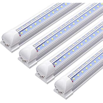 8FT LED Shop Light Fixture, 72w 7200 Lumens 6000K Cool White,High Output Tube Light, Double Sided V Shape T8 Integrated 8 Foot Led Bulbs for Cooler, Garage, Warehouse, Clear Cover (4-Pack)