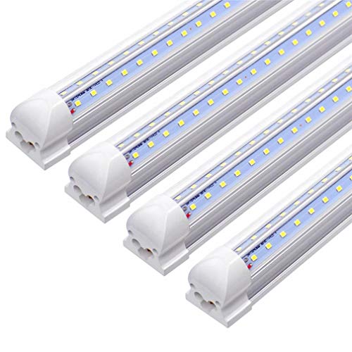 8FT LED Shop Light Fixture, 72w 7200 Lumens 6000K Cool White,High Output Tube Light, Double Sided V Shape T8 Integrated 8 Foot Led Bulbs for Cooler, Garage, Warehouse, Clear Cover (4-Pack)