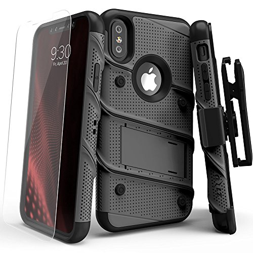 iPhone X Case - Zizo [Bolt Series] with FREE [iPhone X Screen Protector] Kickstand [12 ft. Military Grade Drop Tested] Holster Belt Clip Gun Metal Gray 