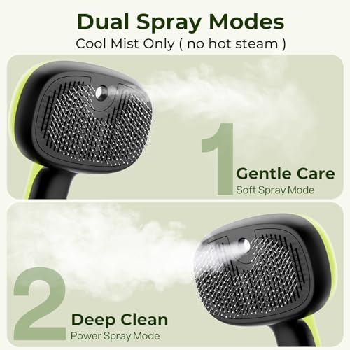 pecute Cat Steam Brush, Dog Steam Brush, Dense Mist and Fine Mist Function, No Heat, One Click Epilation, Long and Short Hair, Visible Water Tank, Green