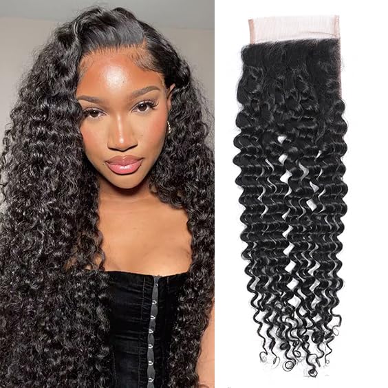 Brazilian Virgin Human Hair Deep Wave 4x4 Lace Closure Free Part 100% Unprocessed Deep Curly Human Hair Lace Closure Natural Black Color (20Inch) — image 1