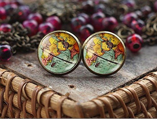 World Map Globe stud earrings, Earth earrings, Earth Jewelry, Globe earrings, Map Jewelry, vintage globe earrings, Antique Map earrings