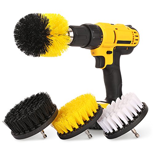 4 Piece Drill Brush Attachment Set - Soft, Medium and Stiff Power Scrubbing Drill Brush for Cleaning - White/Yellow / Black