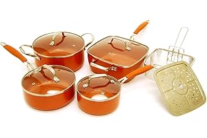 Starfrit Eco Copper 10PC Ceramic Non-Stick Cookware Set - Aluminum - Oven Safe - PFTE & PFOA Free - Easy to Clean - Copper Co
