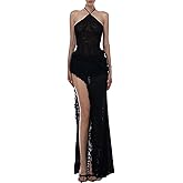 Women's Sexy Halter Mesh High Slit Maxi Dress Sleeveless Cocktail Evening Party Club Ruffle Hem Dress