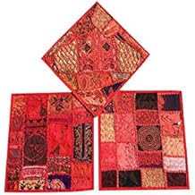 Designer Throw Pillow Sham Vintage Patchwork Red Cushion Covers Set Of 3 16"x 16"
