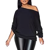 PESION Womens Off The Shoulder Tops Sexy Shiny Metallic Shirts Long Sleeves Fashion Graphic T-Shirts Blouses