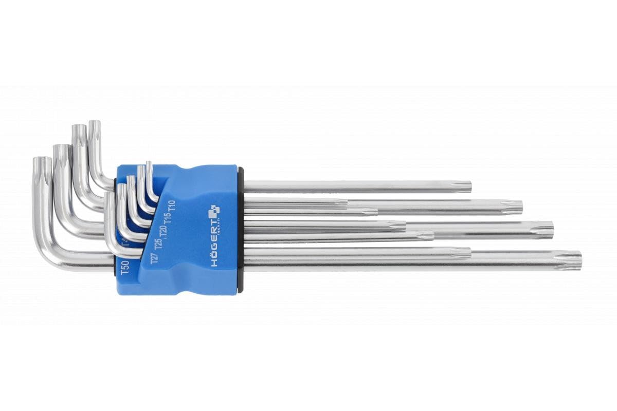 Högert Technik - TORX Set Key, TORX Screwdriver Set 9 Pieces, Sizes T10 to T50, Made of S2 Alloy Steel, Resistant to Deformation and Abrasion, Extra Long, Silver