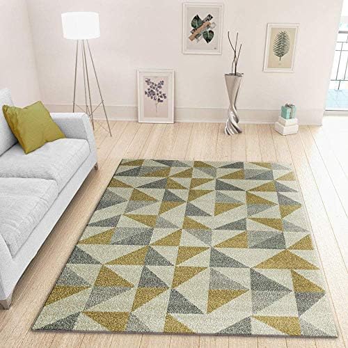 Mustard Yellow Grey Rug Geometric Pattern - Woven Low Pile Carpet Living room & Bedroom Floor (70x140cm (2'4"x4'7"))