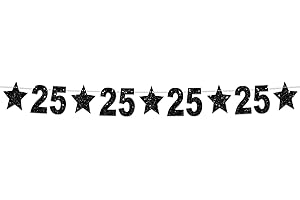 COOSOAR Happy 25th Birthday Glitter Black Star Banner Shiny Bright Star Twinkle Theme Backdrop Decor for Festival Home Wall Classroom 25th Birthday Party Supplies Cheers to 25 Years Bday Decorations Favors