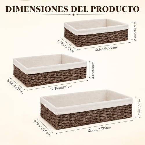 Cestas de Mimbre, Juego de 3 Cestas de Baño, Cestas de Mimbre Tejidas a Mano con Forro Extraíble, Cesta de Almacenamiento para el Hogar Apilable para Dormitorios, Cocina, Baños, Estantería y Organizar
